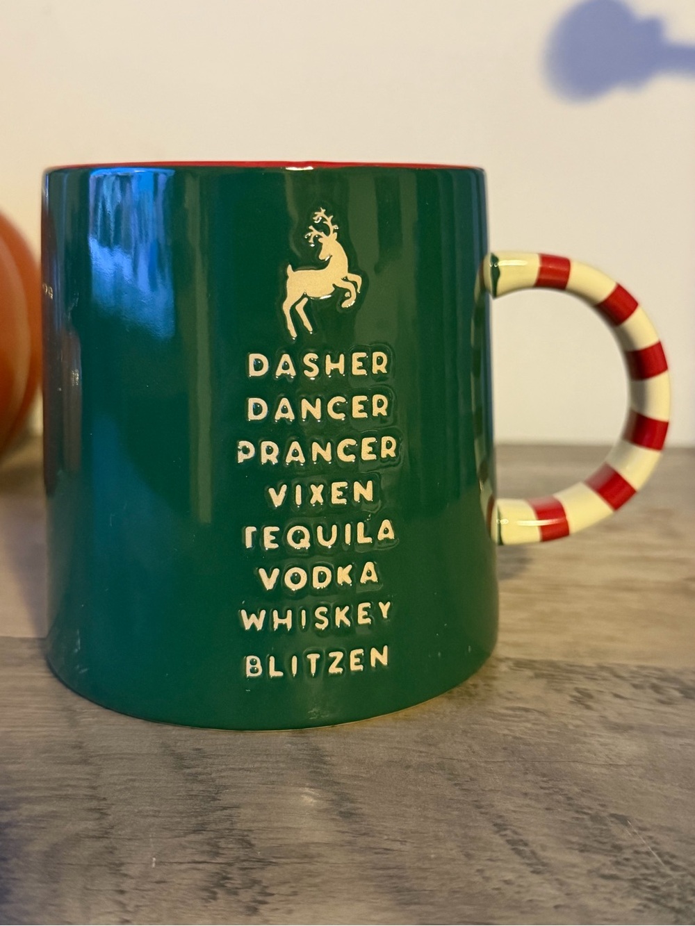 Holiday Green Ceramic Mug with Candy-Stripe Handle - Festive Beverage Cup